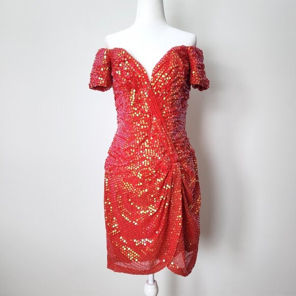 Vicky Tiel Dresses & Skirts - Vtg 90s Vicky Tiel Red Sequin Dress Sz 44 Paris Couture Off Shoulder Cocktail
